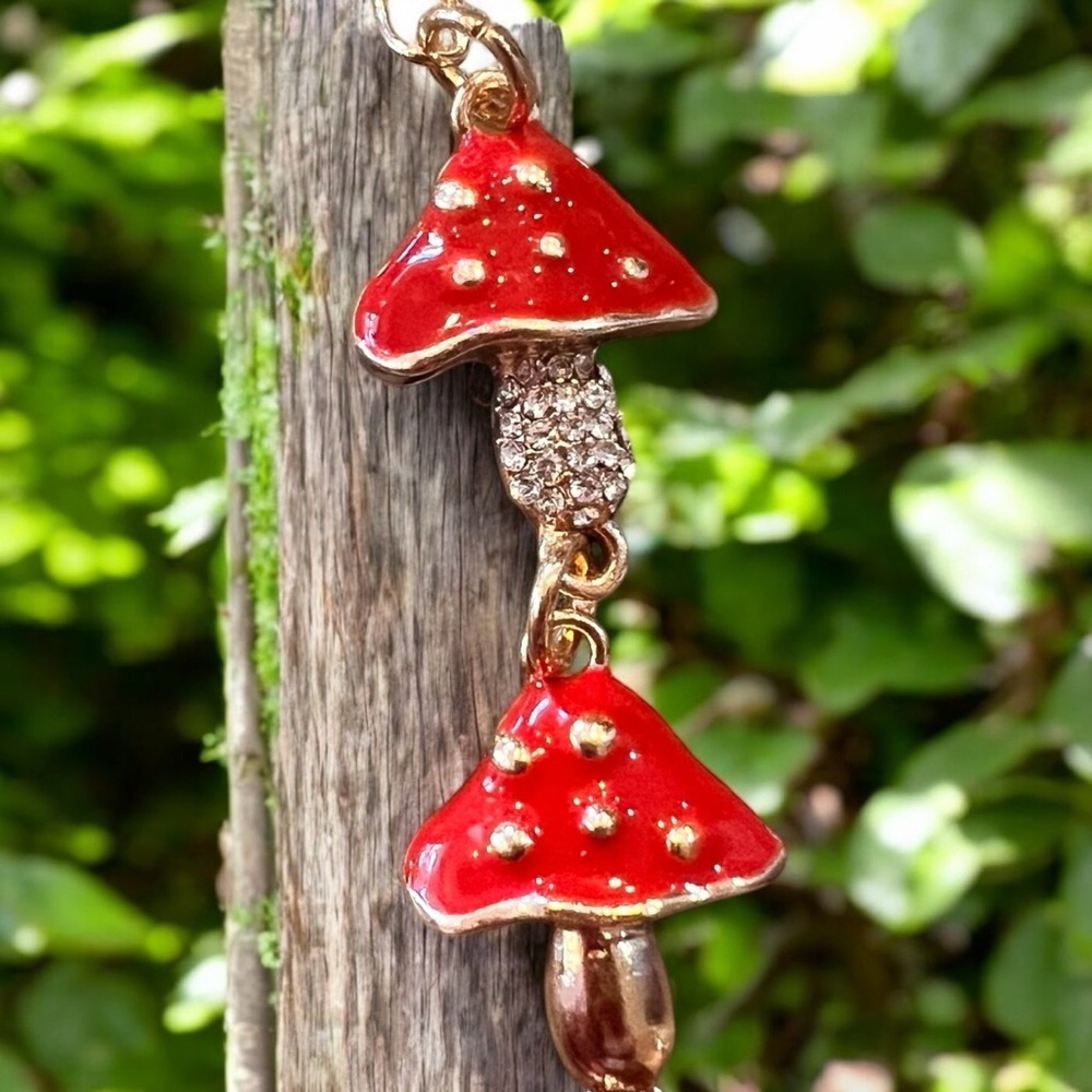 Mushroom bracelet adjustable red and gold enamel bracelet Toadstool rhinestones